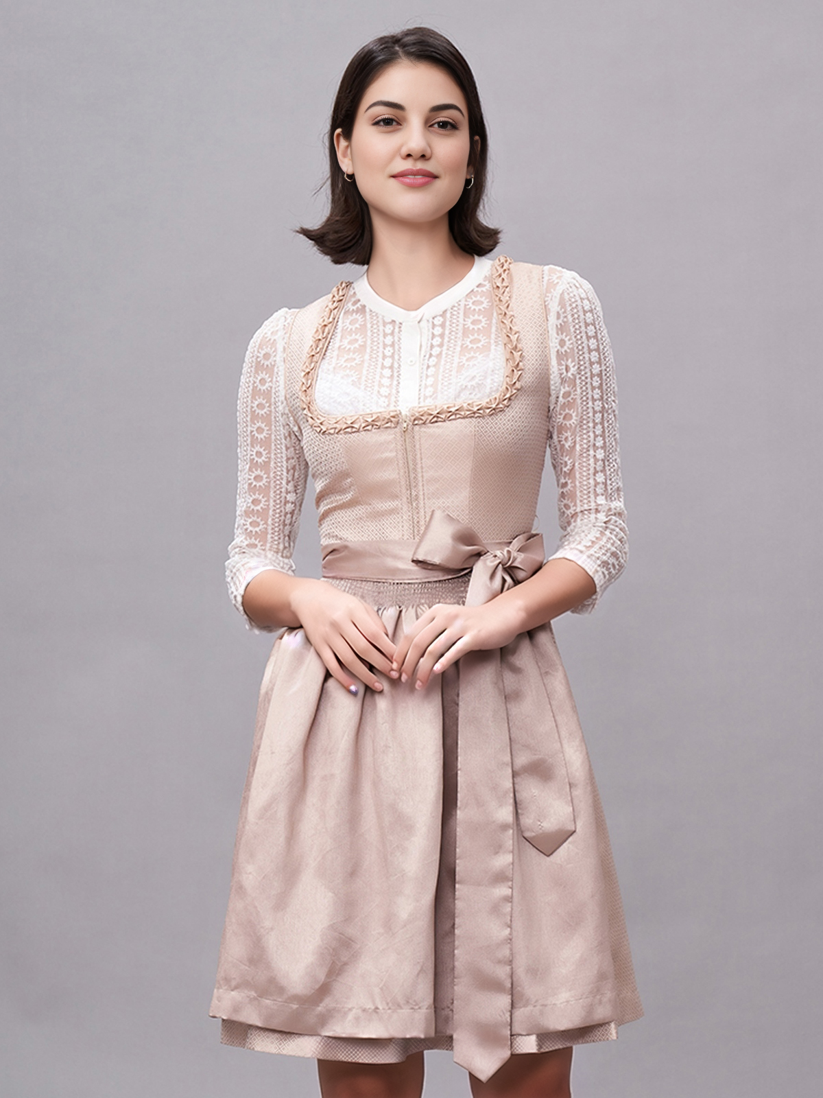 Modernes Beige-Dirndl mit femininem Schnitt